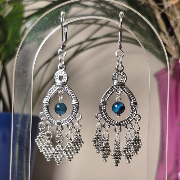 Blue Tigers Eye Chandelier Earrings with Sterling Silver Findings - Picture 1 of 4